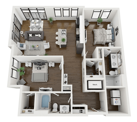this is a 3d floor plan of a 824 square foot 1 bedroom apartment at the
